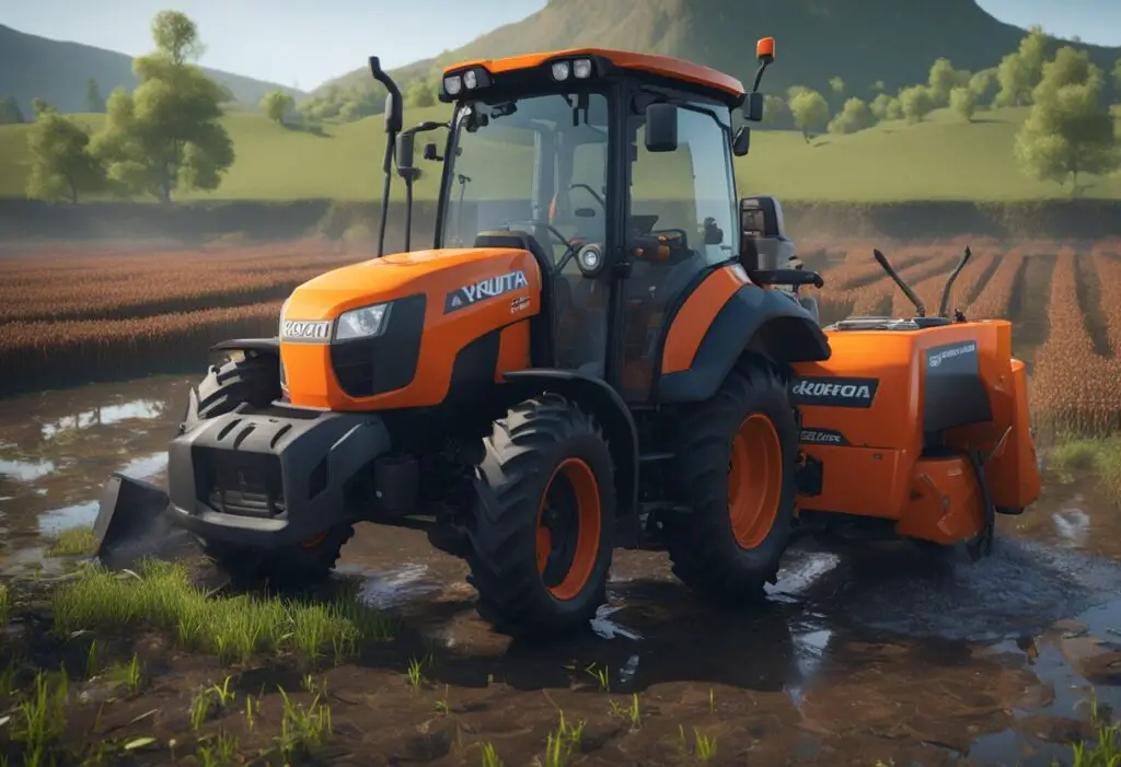 The Kubota bx23s sits in a field, surrounded by tools and parts. A puddle of fuel forms beneath the tractor, and a clogged filter lies nearby