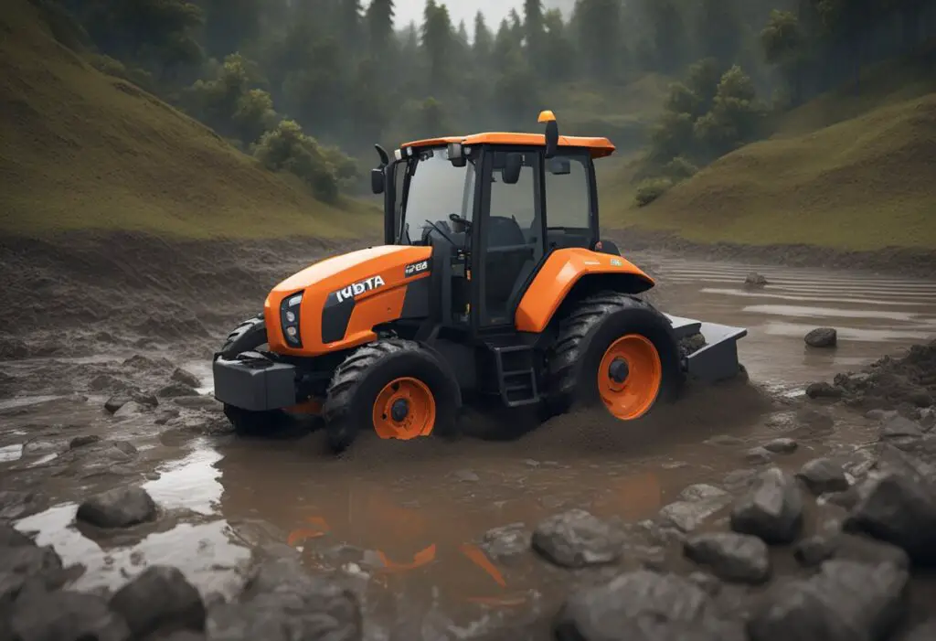The Kubota BX23S is stuck in muddy terrain, with its wheels spinning and unable to move forward. The engine is overheating and emitting smoke, indicating operational difficulties