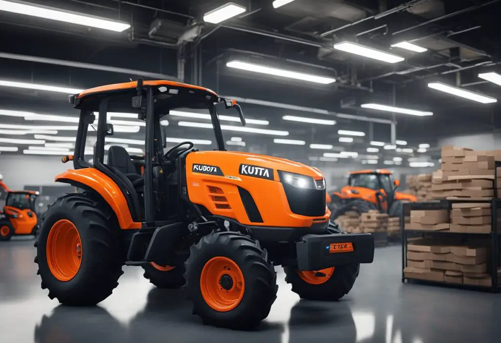 A Kubota BX23S tractor sits in a dealer's service bay, surrounded by warranty and support documents. It shows signs of mechanical problems