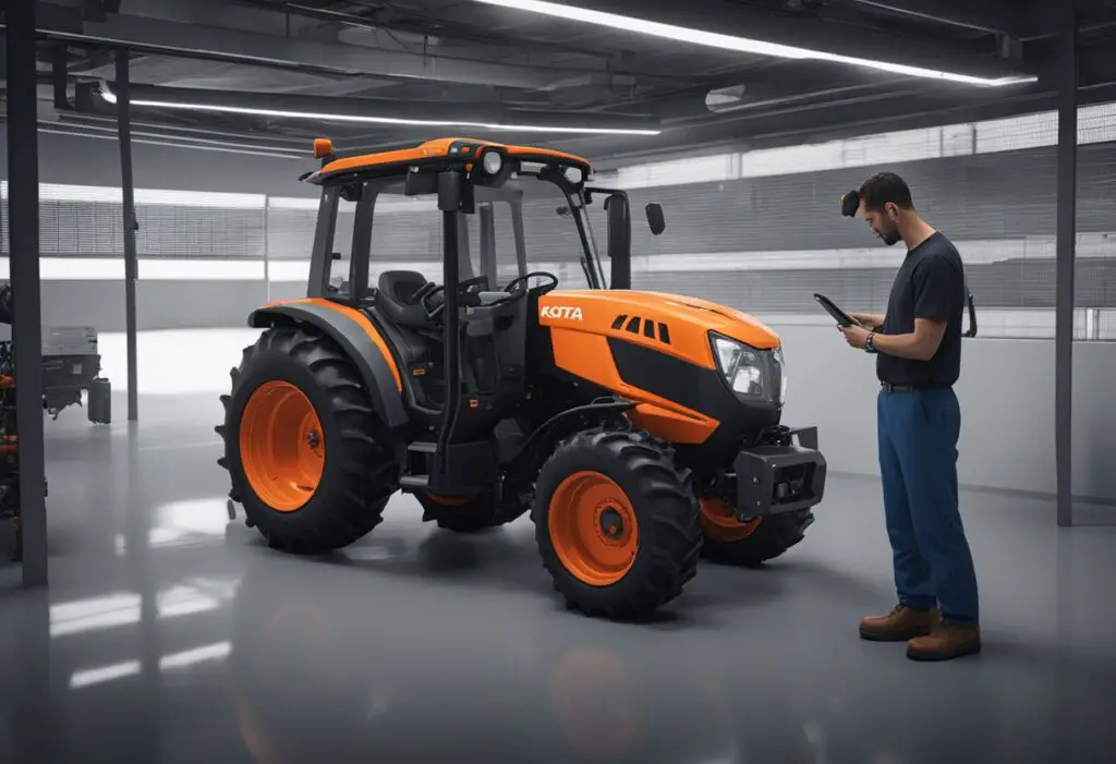 A mechanic inspects a Kubota L3901 tractor with a diagnostic tool. A customer looks on as the mechanic provides professional advice