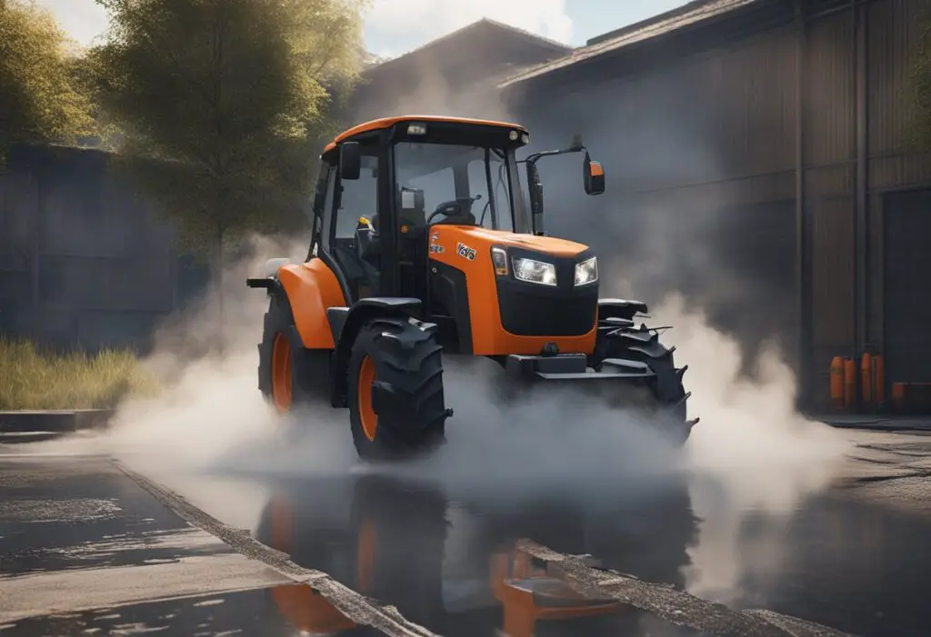 The Kubota LX2610 sits idle, surrounded by a puddle of leaked oil and a cloud of smoke rising from its engine