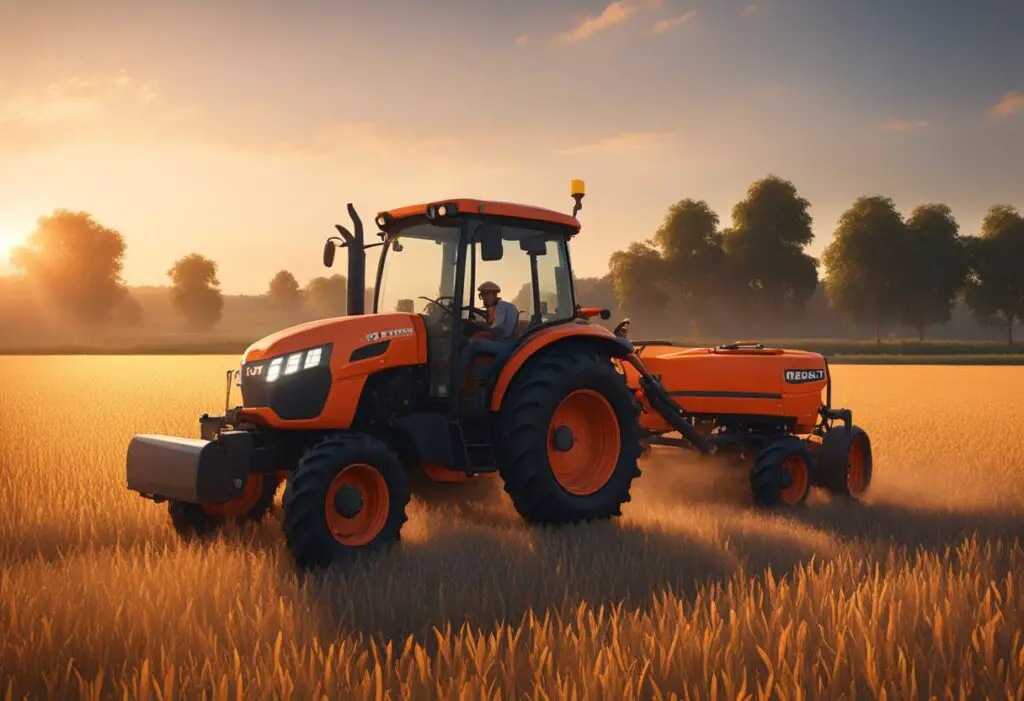 A Kubota LX2610 tractor sits in a field, with a farmer inspecting its engine. The sun is setting, casting a warm glow on the machine