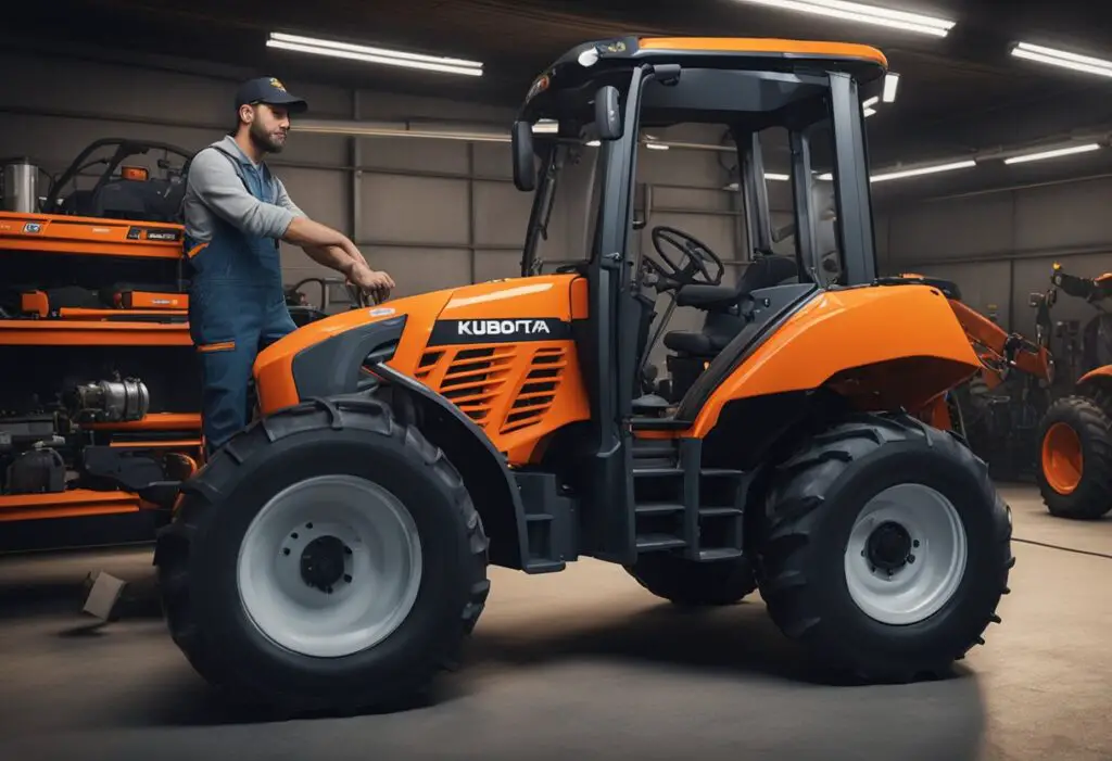 A mechanic inspecting and servicing a Kubota LX2610 tractor in a well-lit garage