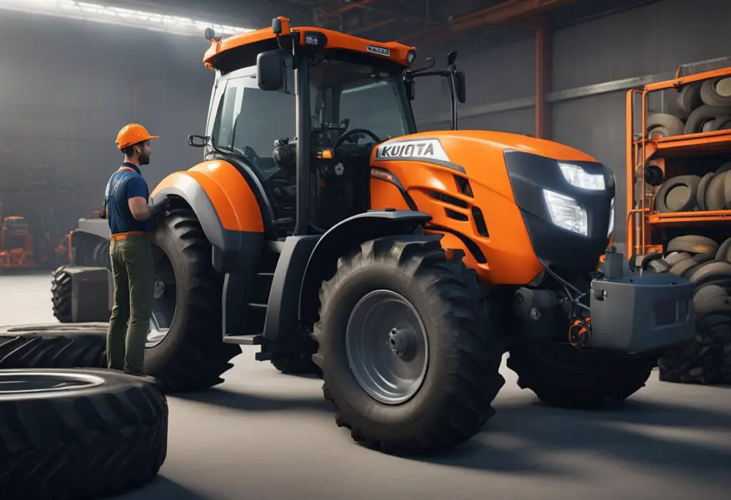 A mechanic inspecting a kubota lx2610 tractor's tires and wheels for maintenance