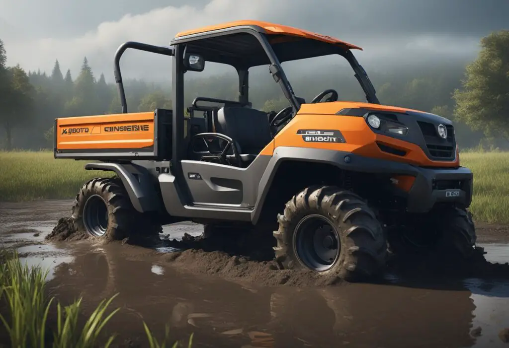 The Kubota RTV X1100C is parked in a muddy field, with a flat tire and smoke coming from the engine