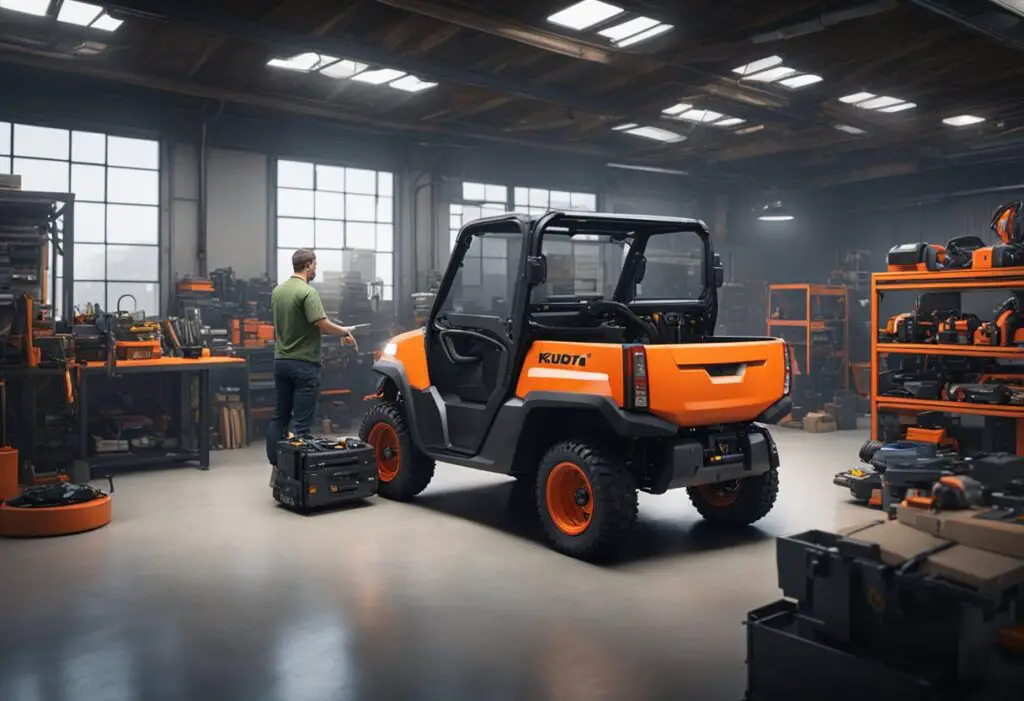 A Kubota RTV X1100C sits in a workshop, surrounded by tools and parts. A mechanic examines the engine while another troubleshoots the electrical system