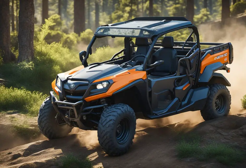 The Kubota RTV X1100C struggles to navigate rough terrain, with a jerky and unstable ride. The steering feels loose and unresponsive, making it difficult to control
