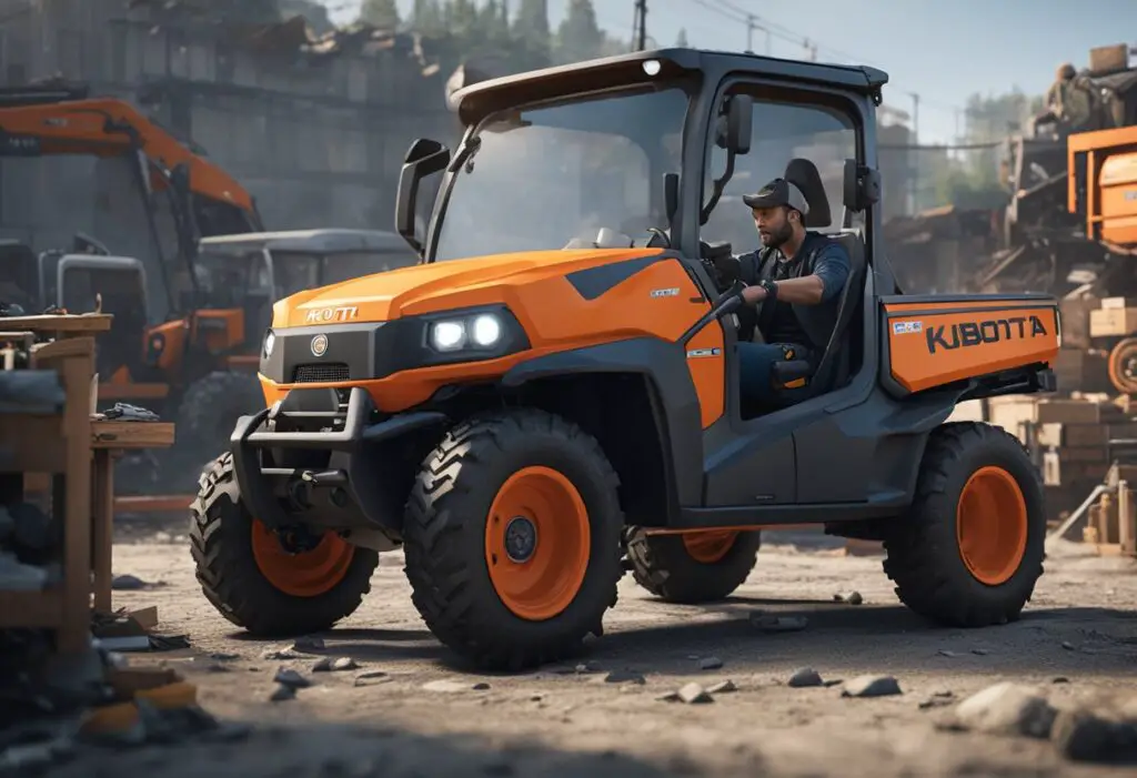 The Kubota RTV X1100C sits idle, surrounded by scattered tools and spare parts, with a mechanic scratching their head in frustration