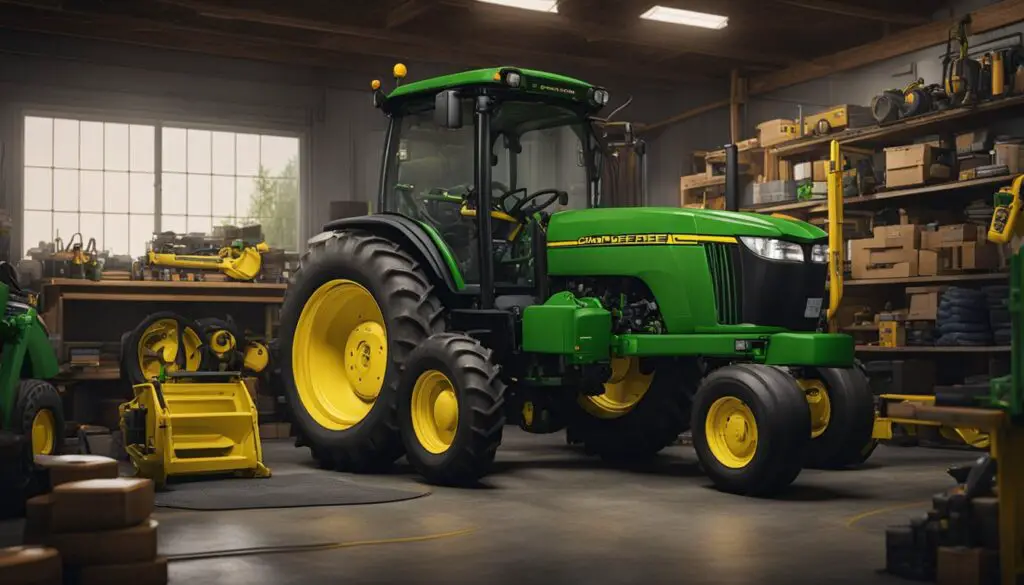 The John Deere 1025r tractor sits in a well-lit maintenance shed, surrounded by tools and spare parts. A technician inspects the engine, while another worker checks the tires for wear and tear