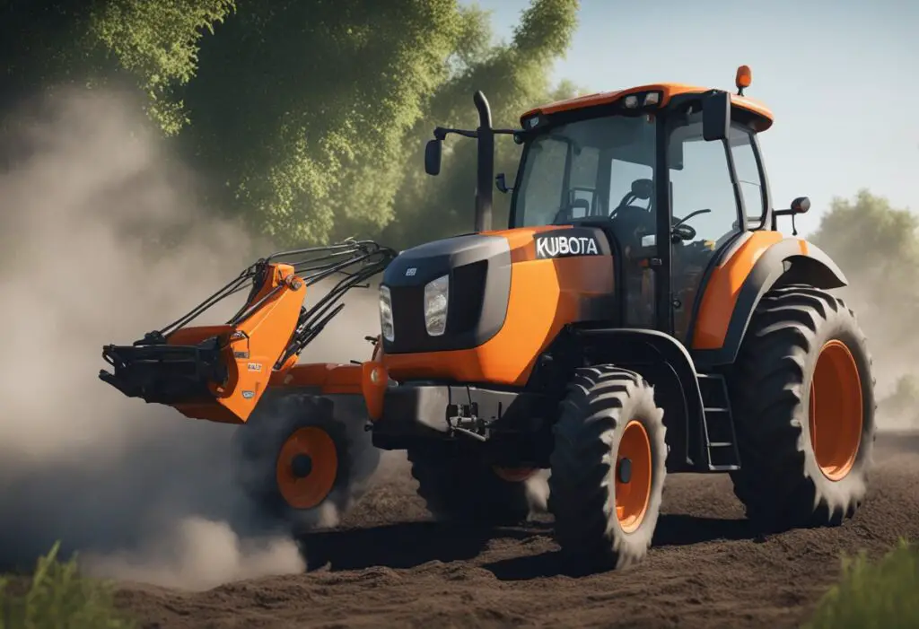The Kubota MX6000 sits idle, smoke billowing from its engine. Oil leaks from the bottom, and a frustrated farmer scratches his head nearby