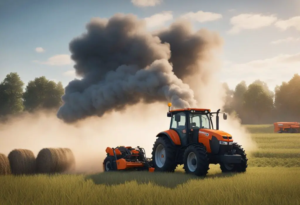 The Kubota MX6000 tractor sits idle in a field, smoke billowing from its engine. A frustrated farmer looks on, scratching his head