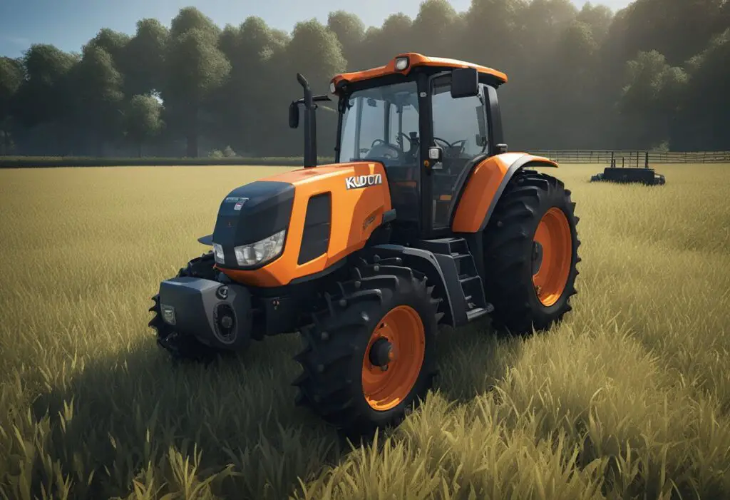 The Kubota MX6000 tractor sits in a field, with its transmission system exposed for inspection. Various components are visible, including gears, shafts, and linkages