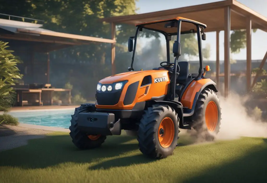 The Kubota MX5400 sits idle with smoke billowing from its engine, surrounded by a pool of leaked oil