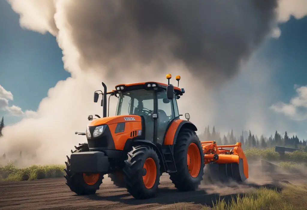 The Kubota MX5400 tractor sits idle, with a cloud of smoke billowing from the engine. The front wheels are turned sharply, indicating steering troubles