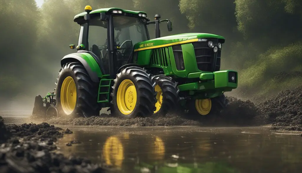 The John Deere 1025R tractor is stuck in a muddy field, its wheels spinning helplessly. The engine emits smoke and sputters, indicating mechanical issues