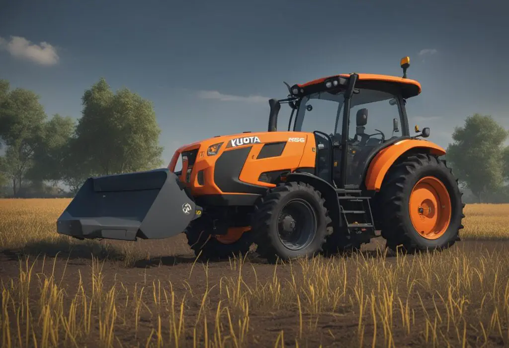 The Kubota MX5400 tractor sits in a field, with its hood open and various electrical components exposed. A mechanic's diagnostic tool is connected to the battery, providing insights into potential problems with the electrical system