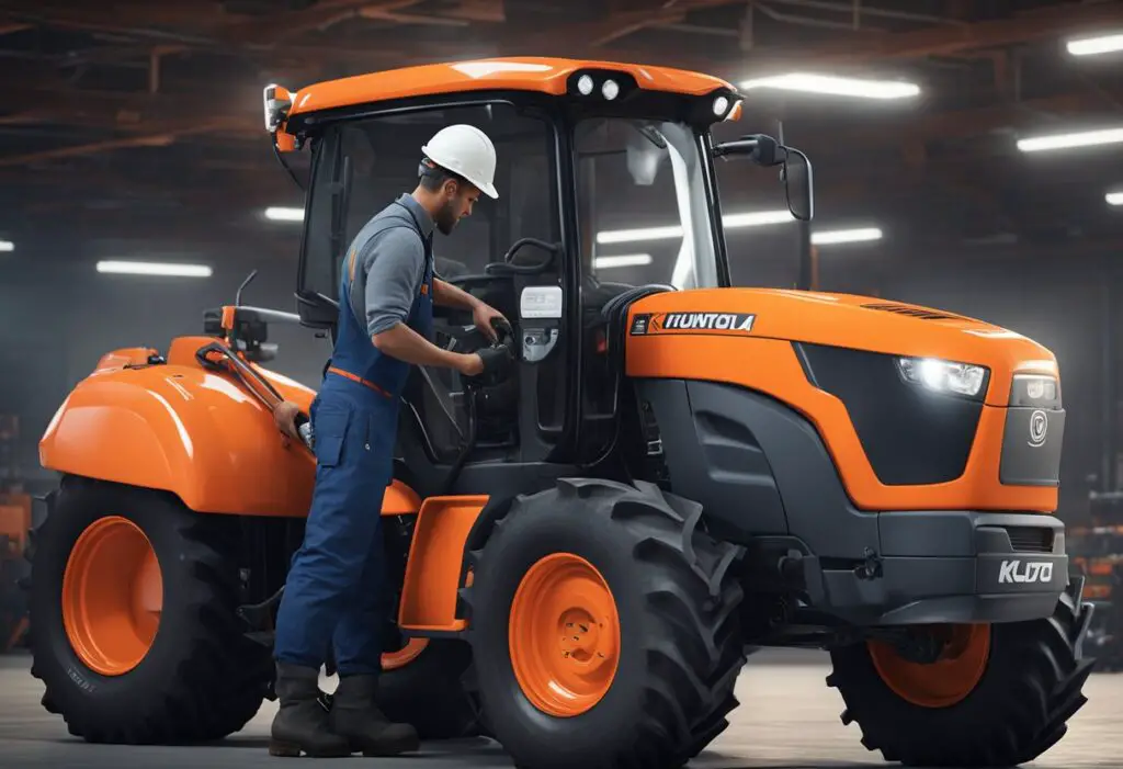 A mechanic inspecting a Kubota MX5400 tractor, checking oil levels and tightening bolts. Tools and maintenance manual nearby