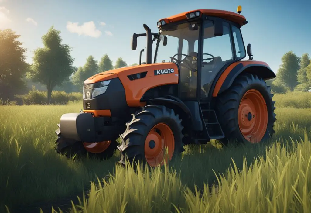 The Kubota M5 111 tractor sits idle in a field, surrounded by tall grass and under a clear blue sky