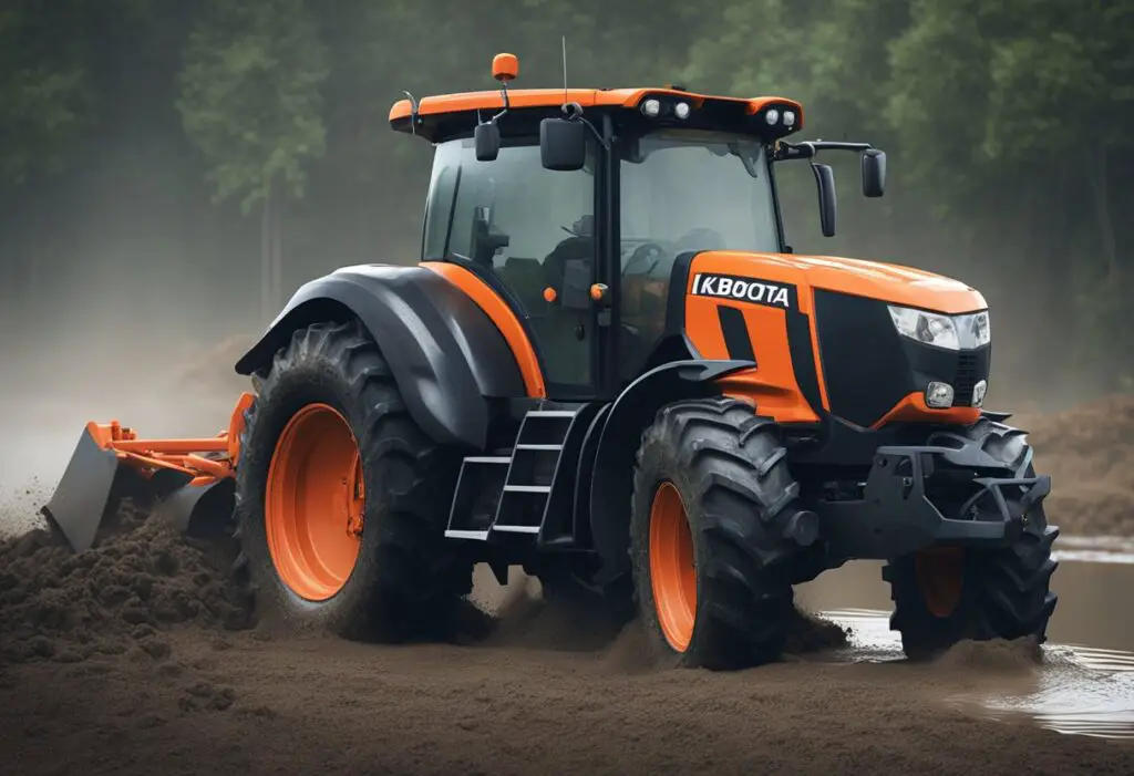 The Kubota M5-111 tractor is stuck in the mud, its wheels spinning as it struggles to move forward