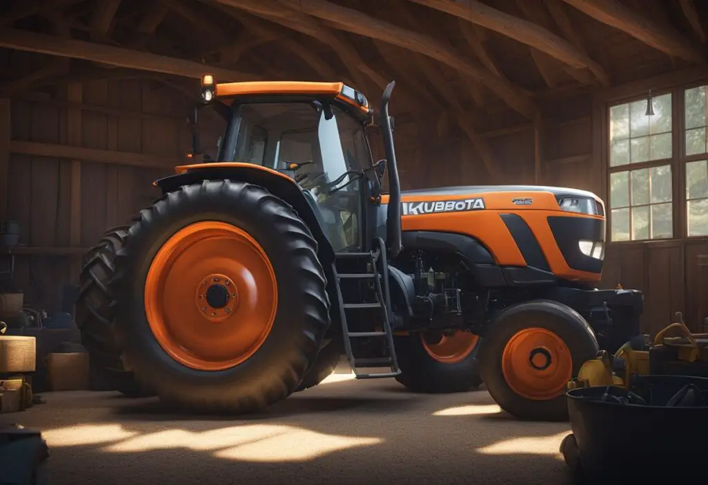 The Kubota M5 111 tractor sits in a well-lit barn, surrounded by tools and spare parts. A mechanic inspects the engine, while a maintenance checklist hangs on the wall