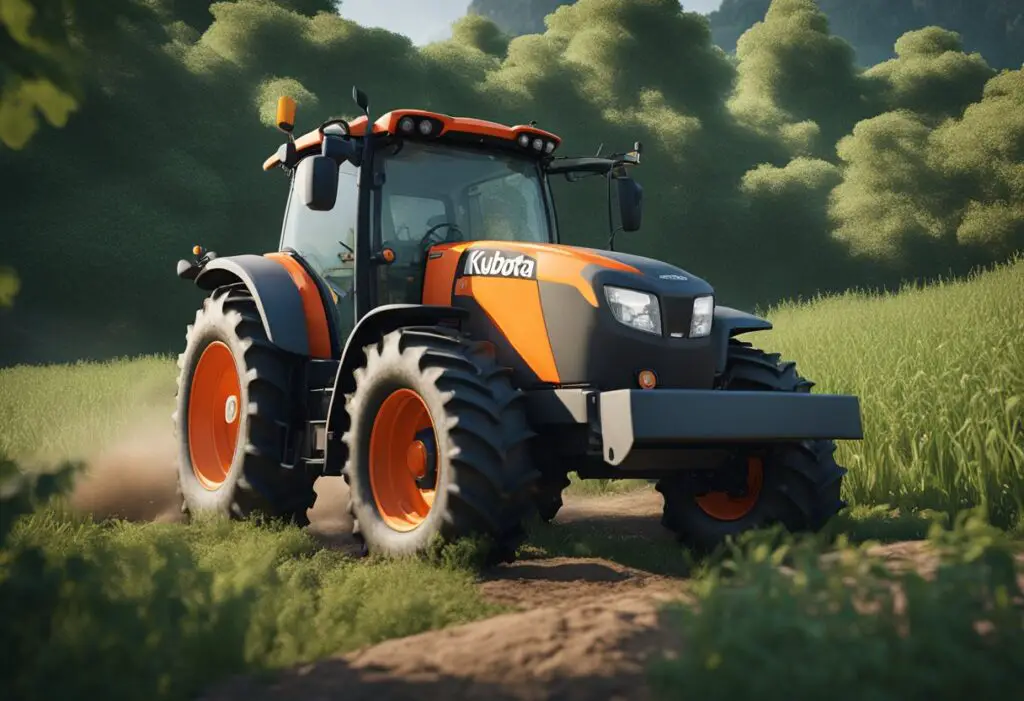 The Kubota M5 111 tractor sits in a field, surrounded by lush greenery. Its engine hums softly as it plows through the soil, effortlessly tackling any obstacles in its path
