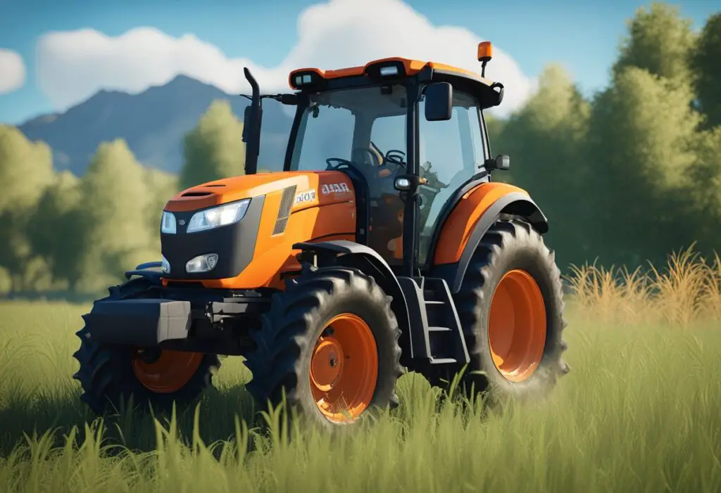 A Kubota M5-111 tractor sits in a field, surrounded by tall grass and a clear blue sky. The tractor is in good condition, but the owner's insights suggest potential problems