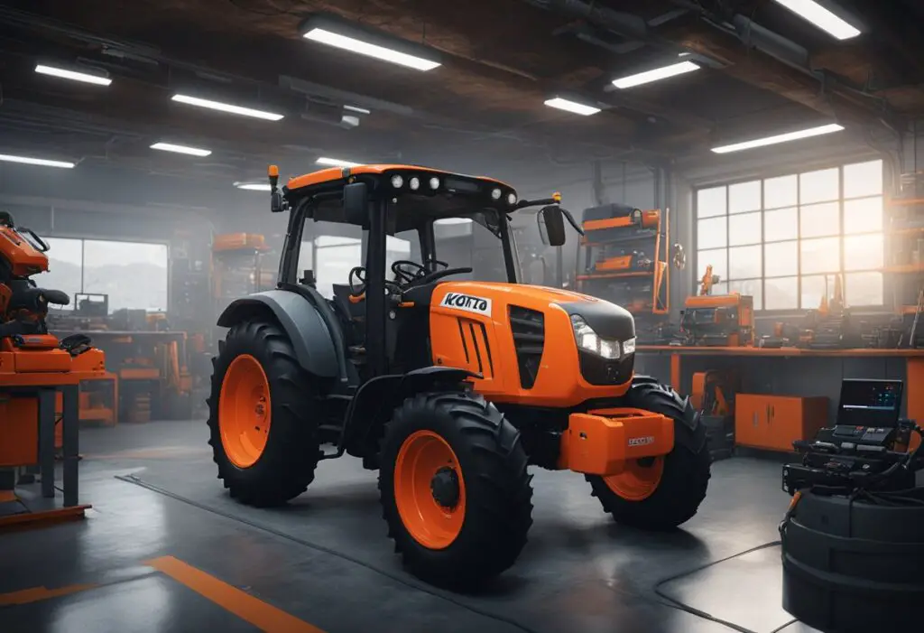 The Kubota M5 111 tractor sits in a mechanic's workshop, surrounded by tools and diagnostic equipment. The mechanic is inspecting the engine, while a computer screen displays error codes