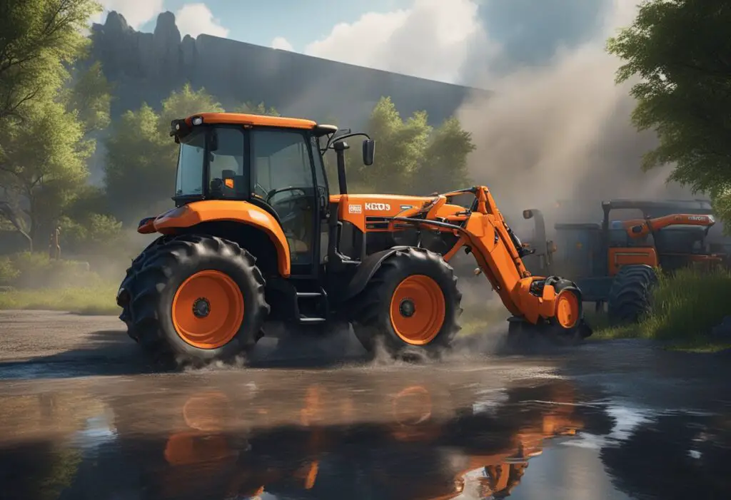 The Kubota L3560 sits idle, smoke billowing from its engine. A puddle of oil forms beneath the machine, while a mechanic inspects the troubled tractor