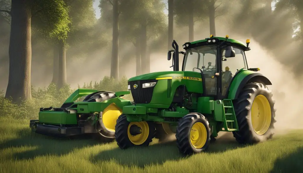 The John Deere 3032E tractor shows signs of hydraulic and PTO concerns. Fluid leaks and mechanical issues are evident