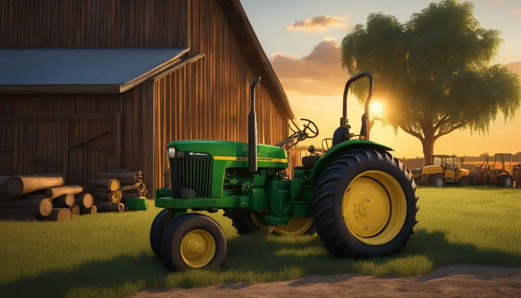 A John Deere 1025r tractor parked in a well-maintained barn, surrounded by various tools and equipment. The tractor is clean and in good condition, with a bright orange sunset shining through the open barn doors