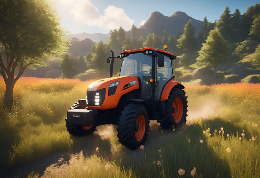 The Kubota L3560 sits in a field, surrounded by tall grass and wildflowers. Its sleek, red exterior gleams in the sunlight, while the sturdy tires leave tracks in the soft earth