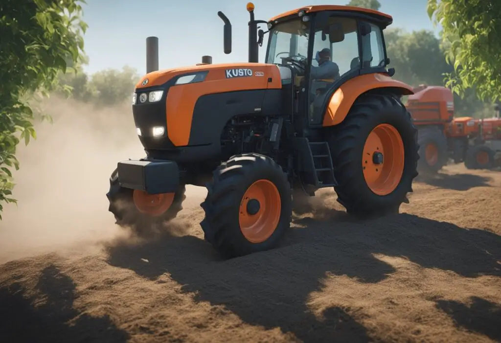 The Kubota L3560 tractor emits steam from its overheated cooling system, with a worried farmer inspecting the engine