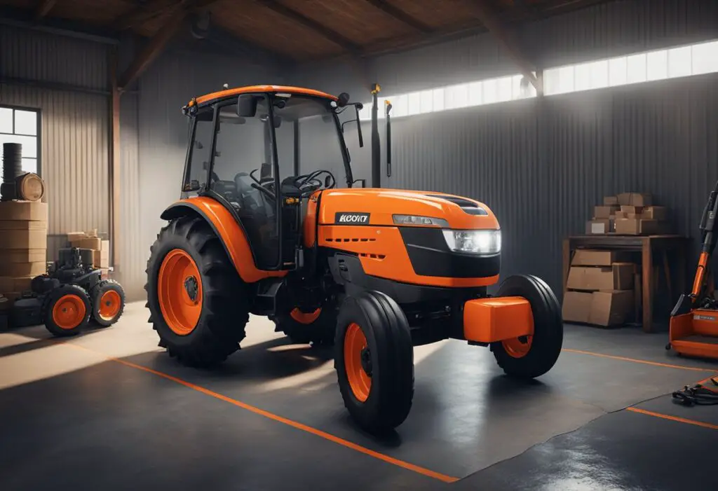 A Kubota L3560 tractor is parked in a garage with oil and filter maintenance tools and equipment scattered around it
