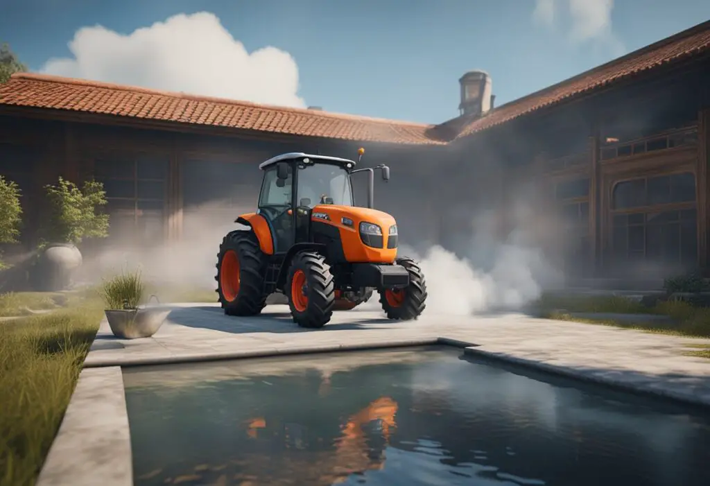 The Kubota L3301 tractor sits idle, surrounded by a pool of leaked oil and a cloud of smoke rising from the engine