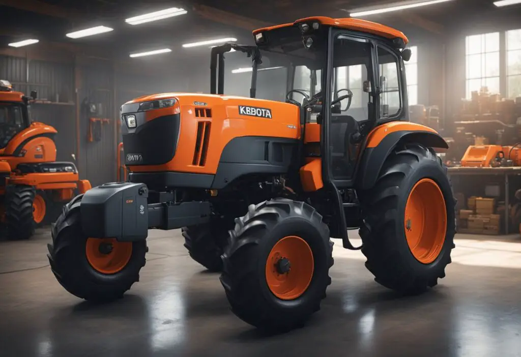 The Kubota L3301 tractor is being inspected and repaired by a technician in a well-lit workshop, surrounded by tools and spare parts