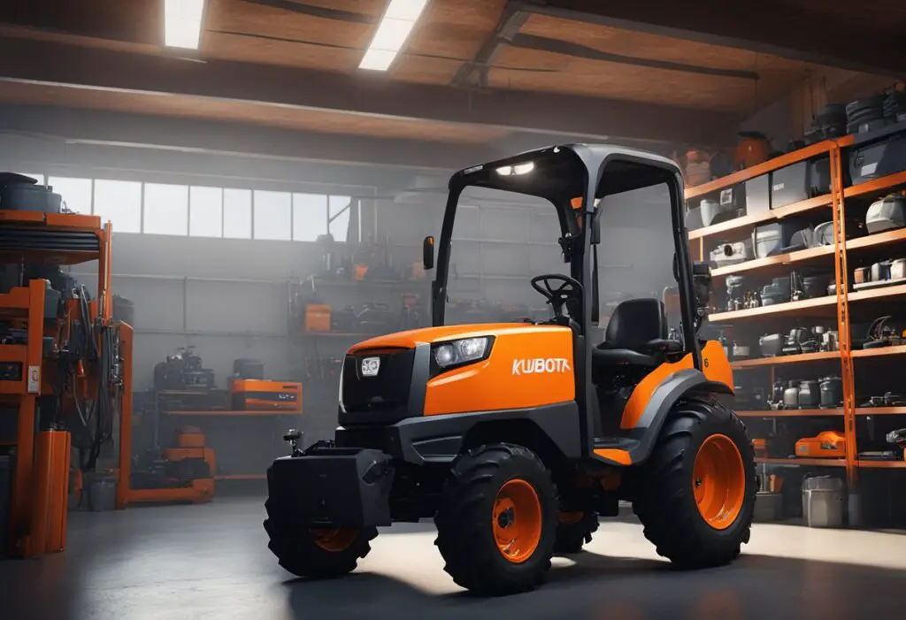 The Kubota BX1880 is parked in a well-lit garage, with a mechanic inspecting the engine and checking the oil levels. Tools are neatly organized on a workbench nearby