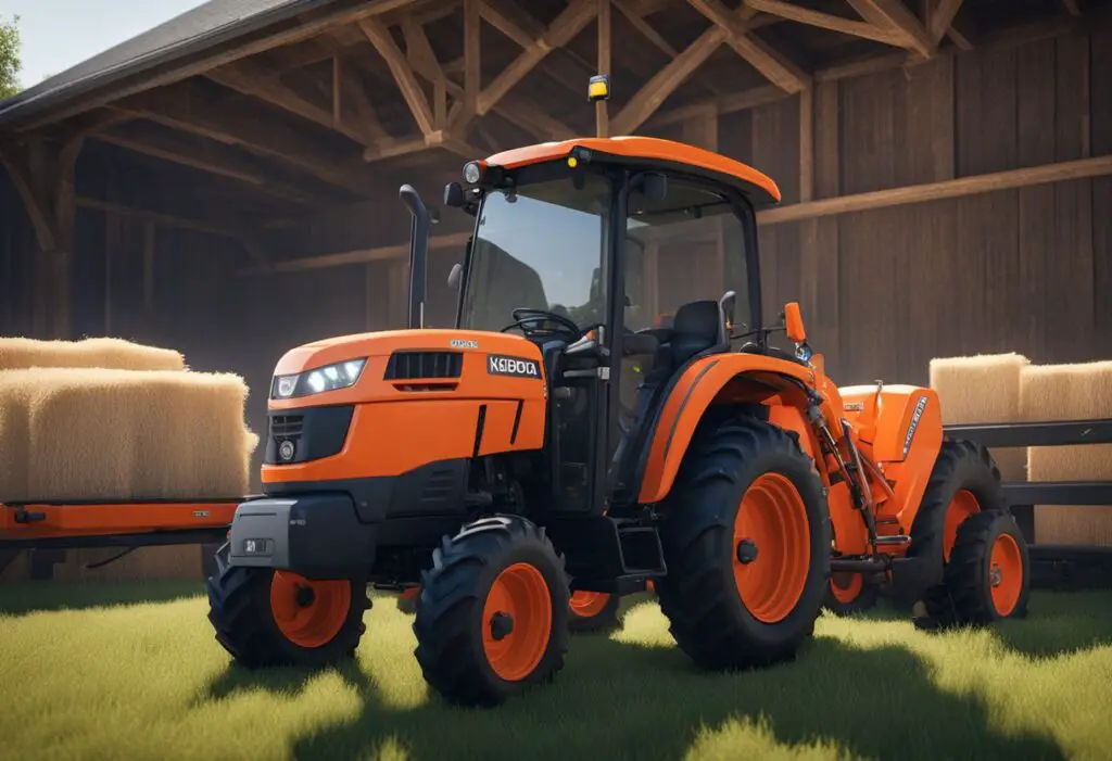 The Kubota BX1880 tractor is parked in a well-maintained barn, surrounded by neatly organized tools and equipment
