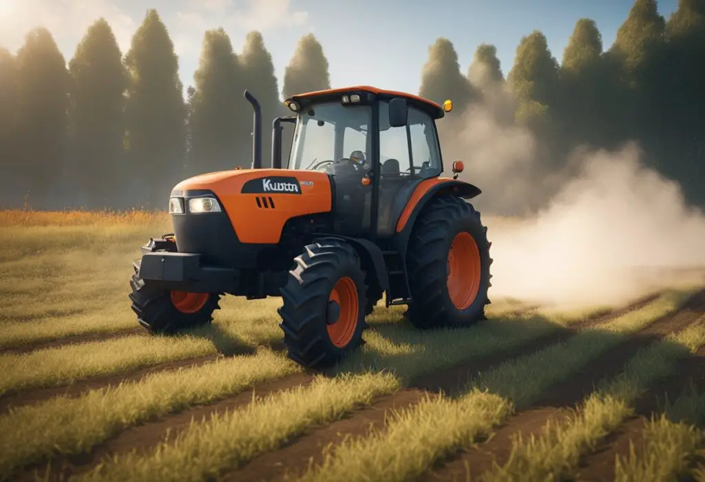 The Kubota B3350 tractor sits idle in a field, with a cloud of smoke billowing from its exhaust