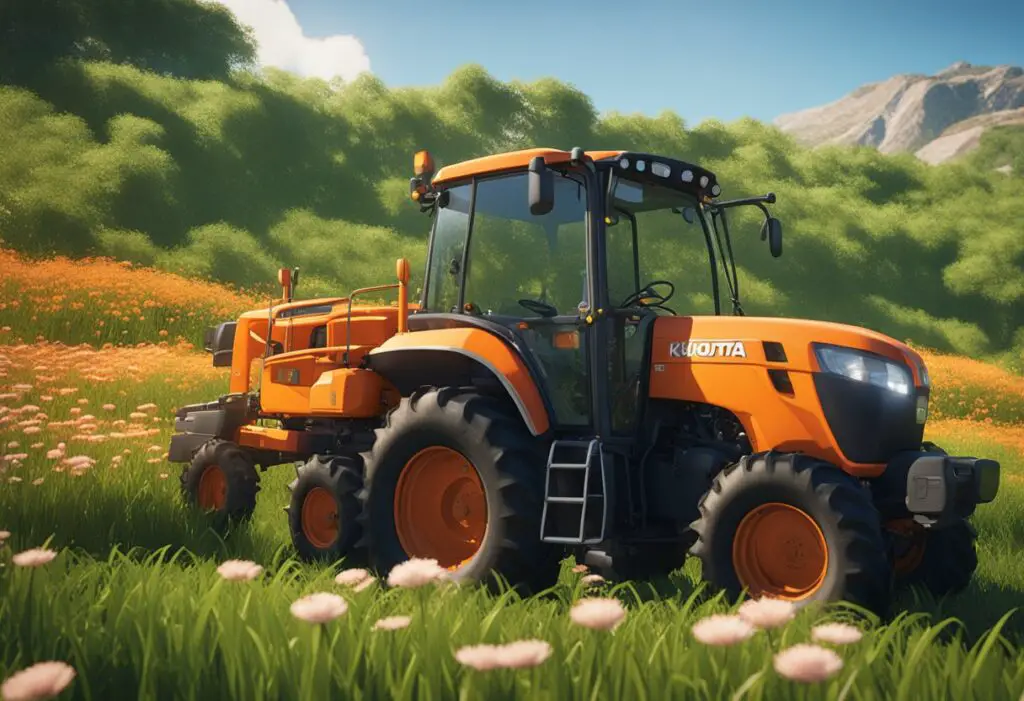 The Kubota B3350 tractor sits in a lush green field, with the sun shining down on its sturdy frame. The tractor is surrounded by blooming flowers and tall grass, giving off a feeling of strength and reliability