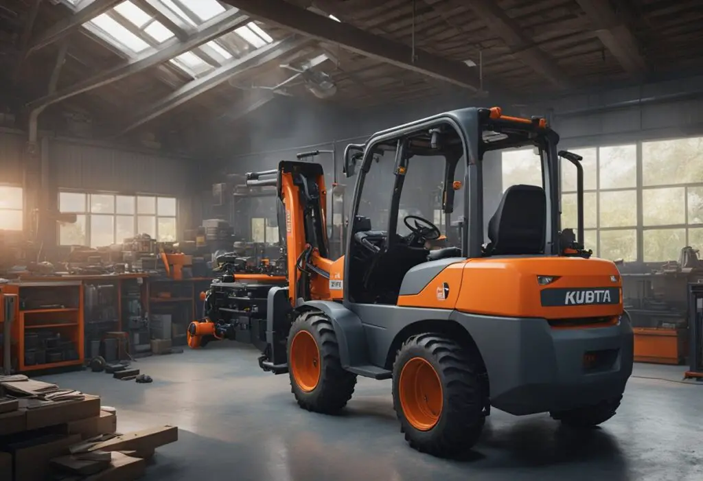 The Kubota B3350 sits in a workshop, surrounded by tools and parts. Its engine is open, revealing internal components. A mechanic inspects the machine, searching for signs of wear and tear