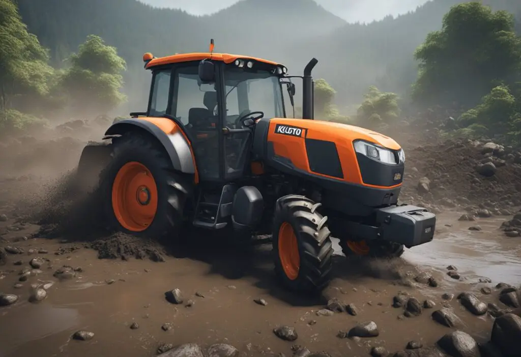 The Kubota B3350 tractor is stuck in muddy terrain, struggling to move forward. The engine emits smoke as it grapples with operational challenges