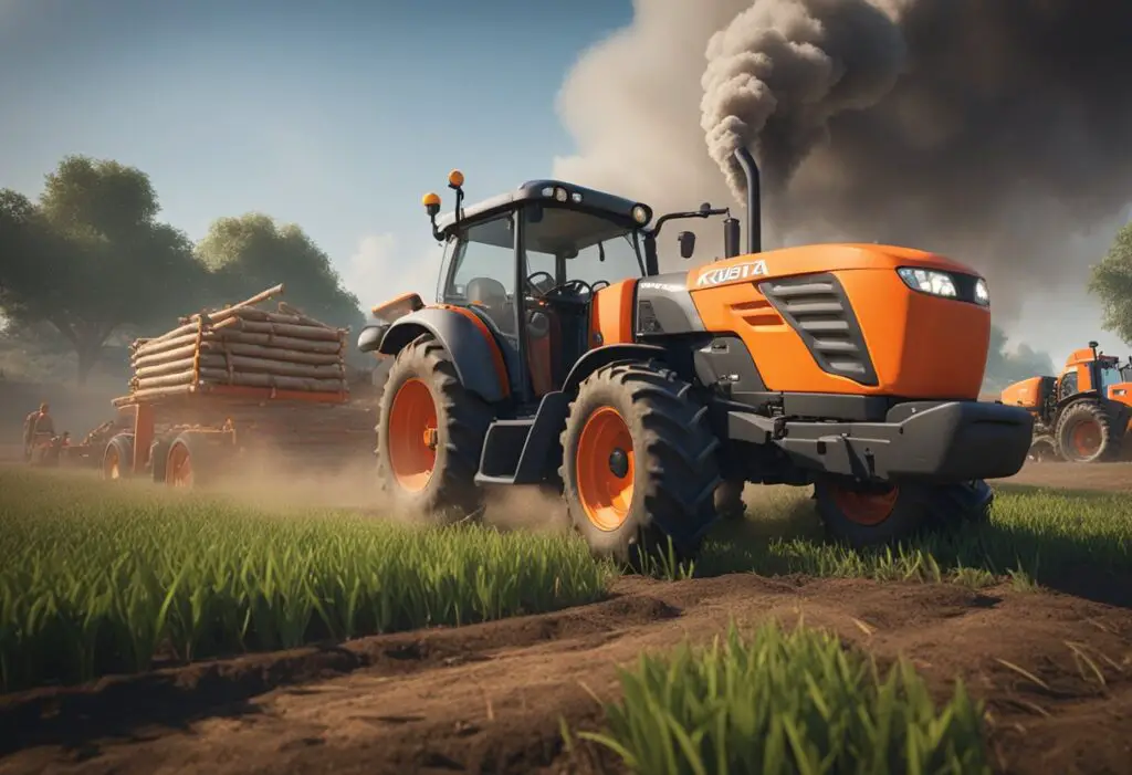 The Kubota B3350 tractor is stuck in muddy terrain, struggling to move forward. The engine emits smoke as it grapples with operational challenges