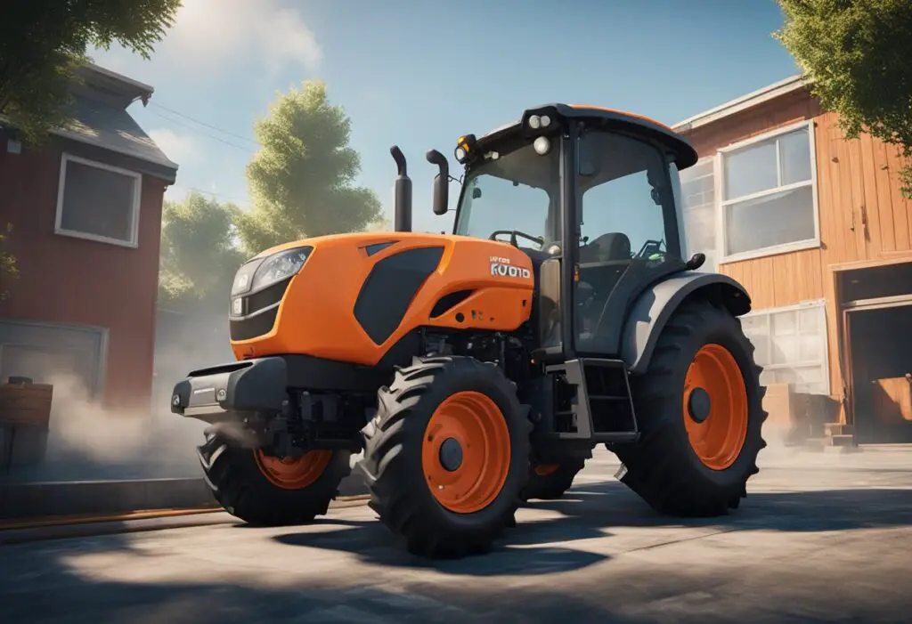 The Kubota B2650 tractor's cooling system is shown with steam rising from the engine, while a mechanic troubleshoots and repairs the overheating issue