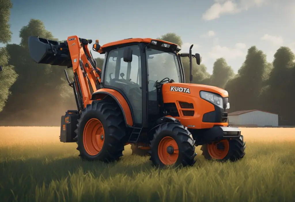 The kubota b2650 sits on a grassy field, with visible signs of wear and tear on its chassis and support systems