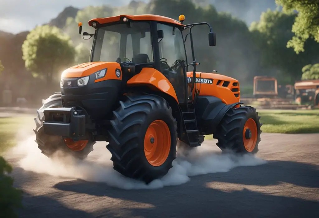 The Kubota LX3310 sits idle with a cloud of smoke billowing from the engine, while a pool of fluid forms beneath the tractor