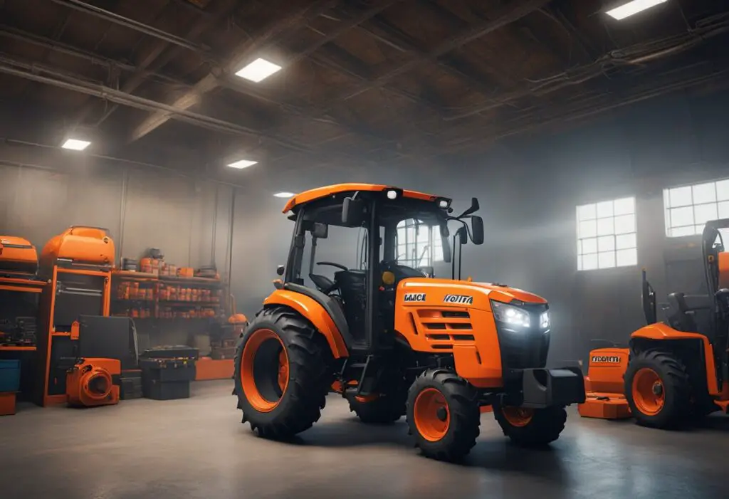 The Kubota LX3310 tractor sits in a well-lit, spacious workshop. A mechanic is performing routine maintenance, checking fluids and inspecting the engine. Tools and a maintenance manual are scattered on the workbench