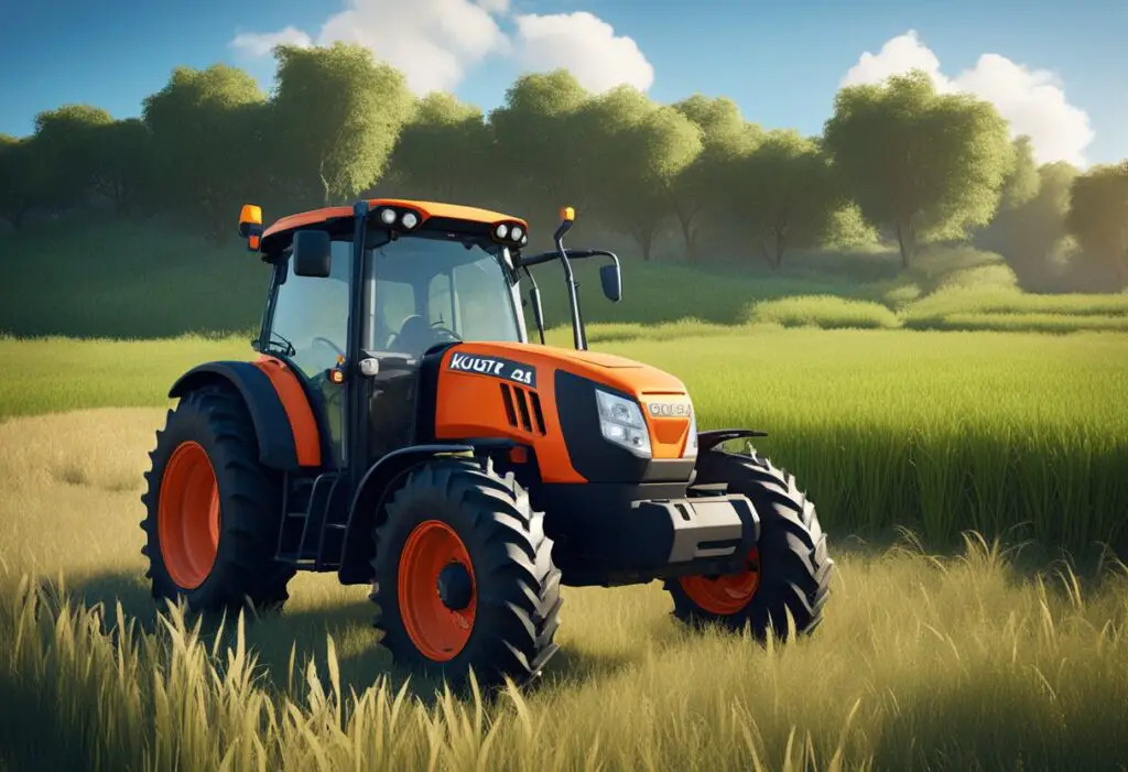 A Kubota LX3310 tractor sits in a field, surrounded by tall grass and under a clear blue sky