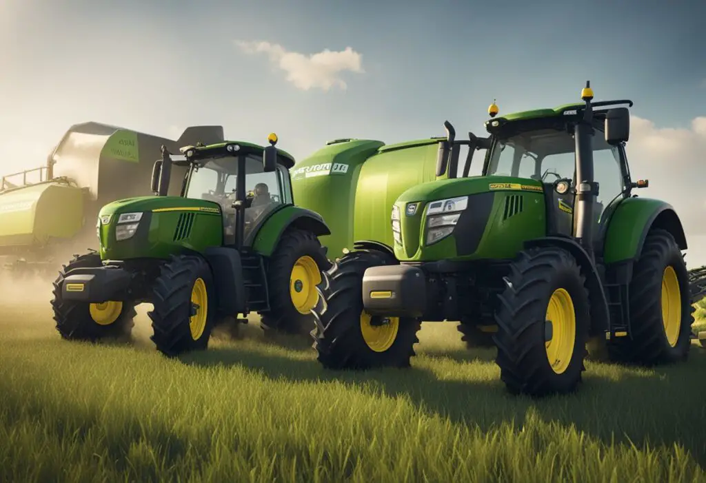 Two powerful tractors, Husqvarna and John Deere, face off in a field, ready to demonstrate their strength and capabilities