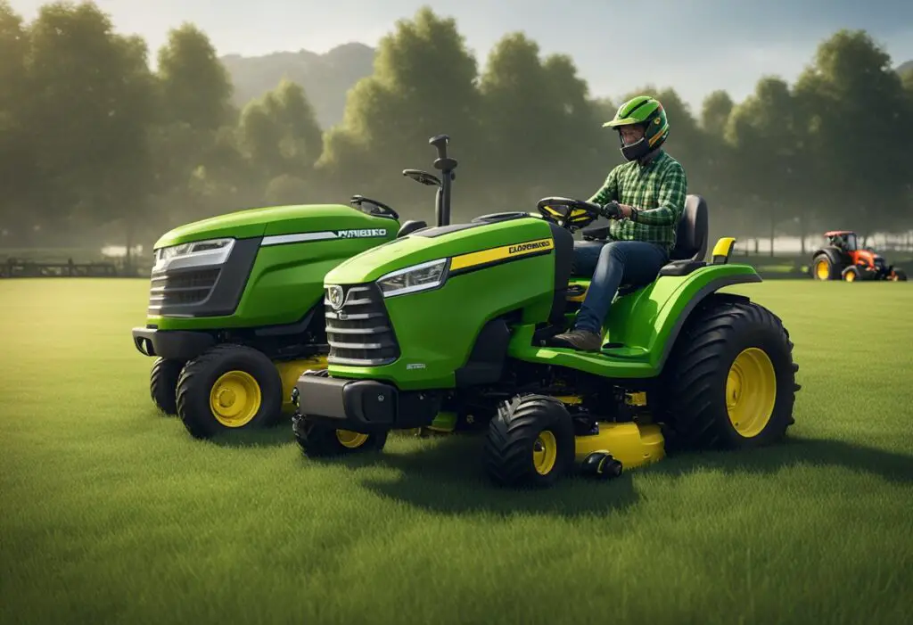 Two powerful lawn tractors, Husqvarna and John Deere, face off in a grassy field. Their sleek designs and advanced features are on display as they compete in a test of strength and performance