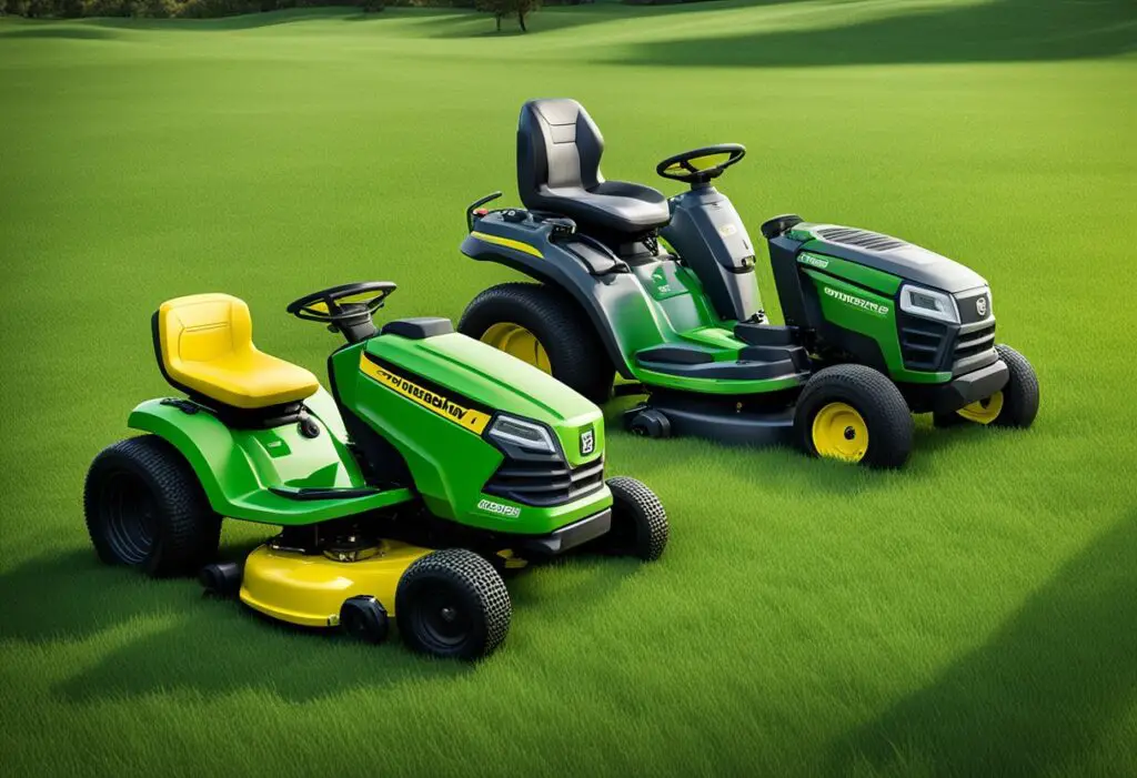 Two lawnmowers, one Husqvarna and one John Deere, sit side by side in a grassy field. The Husqvarna shows signs of wear and tear, while the John Deere appears well-maintained and sturdy